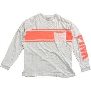 PINK Victoria's Secret Long Sleeve Shirt Women Small White Coral Stripe Pocket